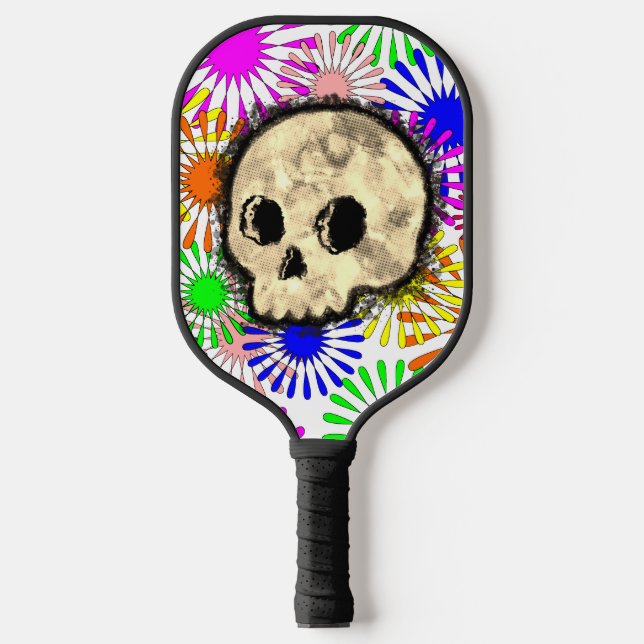 Colourful Floral Burst Skull Watercolor Pickleball Paddle (Front)