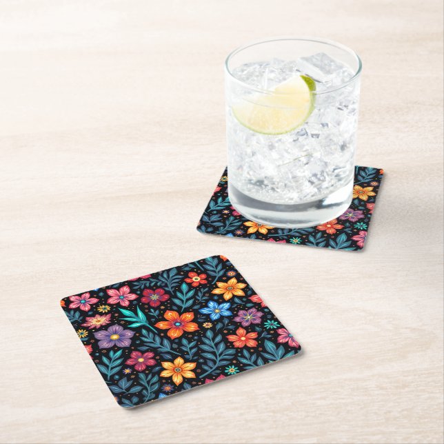 Colourful Floral Button Background Square Paper Coaster (Insitu)