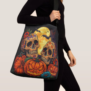 Colourful Floral Calavera Sugar Skull , Halloween Crossbody Bag