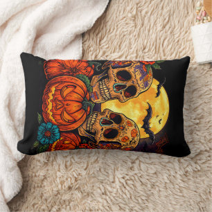 Colourful Floral Calavera Sugar Skull, Halloween T Lumbar Cushion