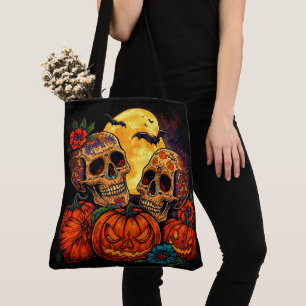 Colourful Floral Calavera Sugar Skull, Halloween  Tote Bag