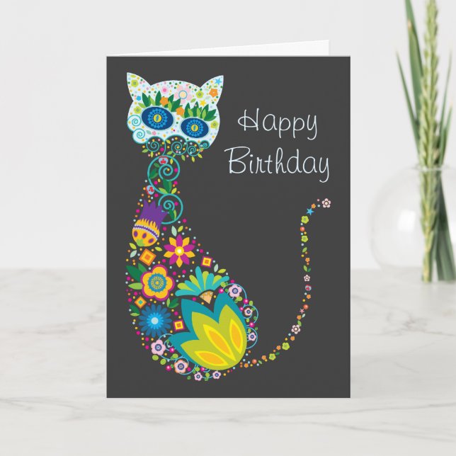 Colourful Floral Cat Happy Birthday Card (Front)