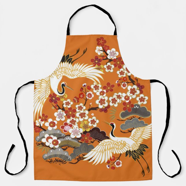 Colourful Floral Cranes Sakura Pattern Apron (Front)