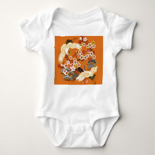 Colourful Floral Cranes Sakura Pattern Baby Bodysuit