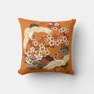 Colourful Floral Cranes Sakura Pattern Cushion