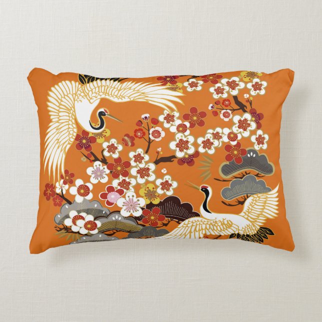 Colourful Floral Cranes Sakura Pattern Decorative Cushion (Front)