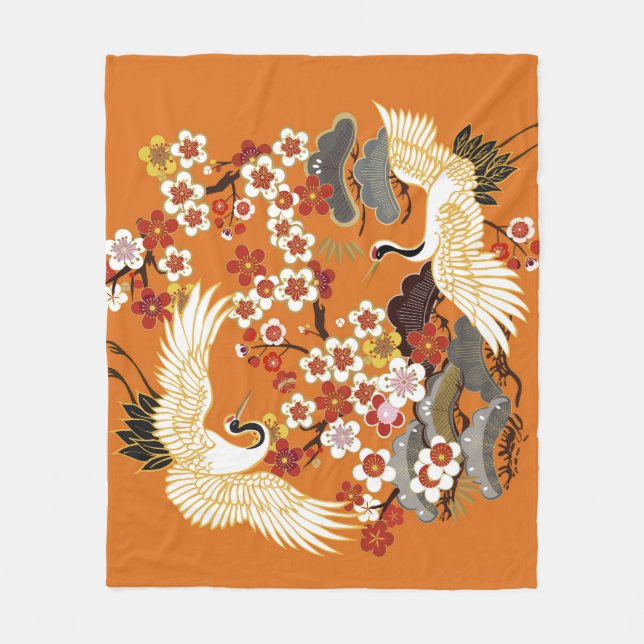 Colourful Floral Cranes Sakura Pattern Fleece Blanket (Front)