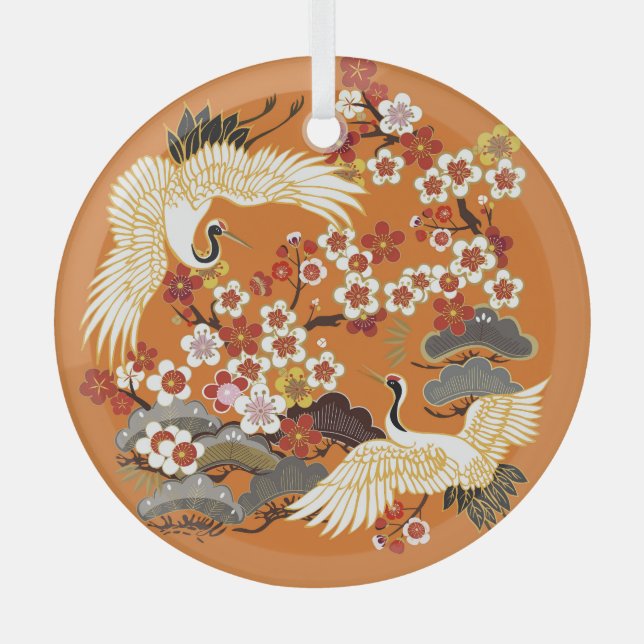 Colourful Floral Cranes Sakura Pattern Glass Tree Decoration (Front)