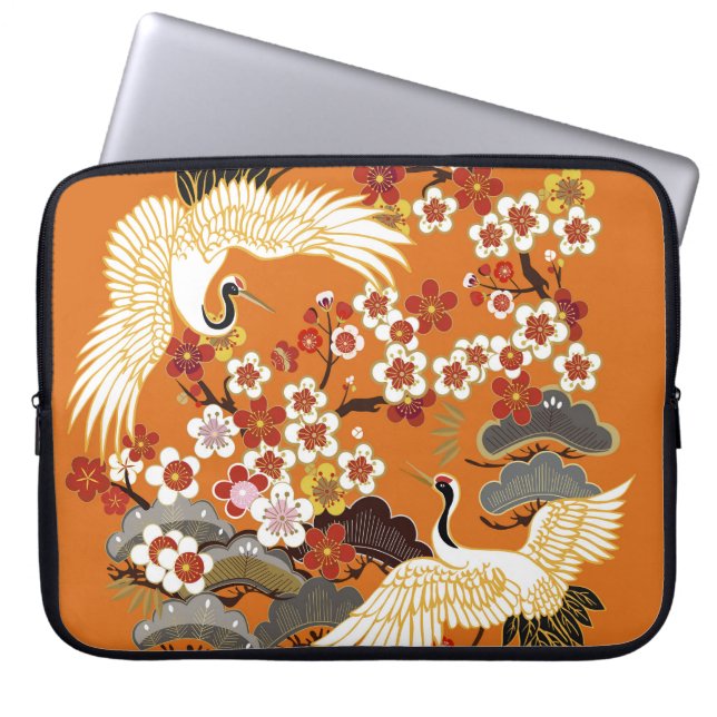 Colourful Floral Cranes Sakura Pattern Laptop Sleeve (Front)