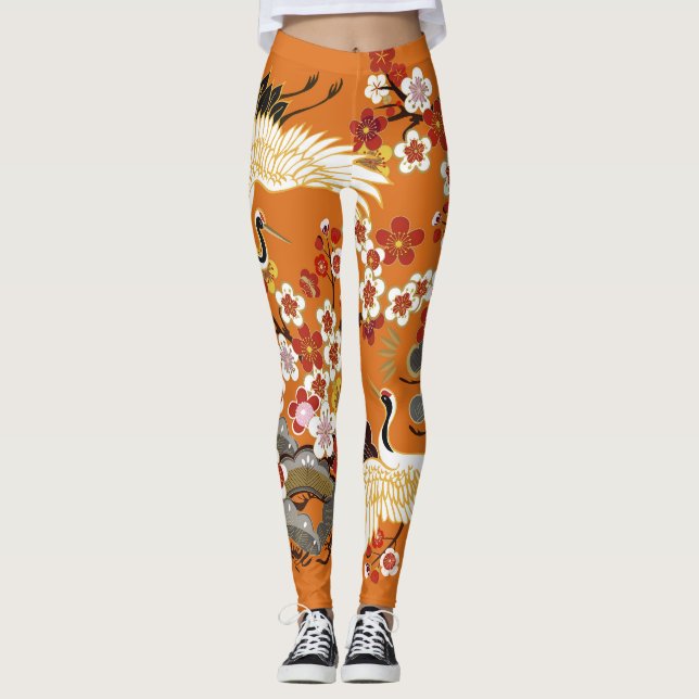 Colourful Floral Cranes Sakura Pattern Leggings (Front)