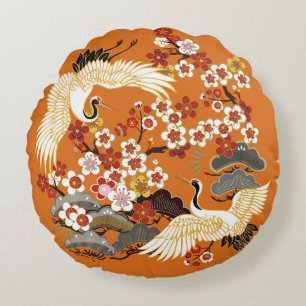 Colourful Floral Cranes Sakura Pattern Round Cushion