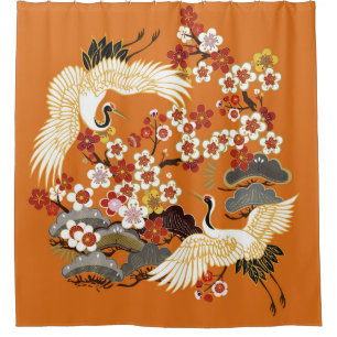 Colourful Floral Cranes Sakura Pattern Shower Curtain