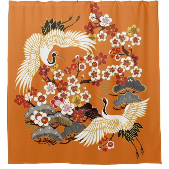 Colourful Floral Cranes Sakura Pattern Shower Curtain (Front)