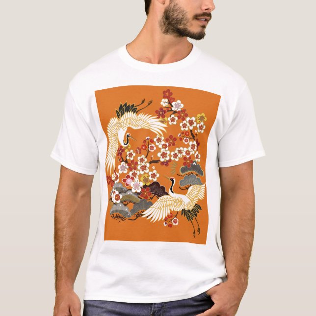 Colourful Floral Cranes Sakura Pattern T-Shirt (Front)