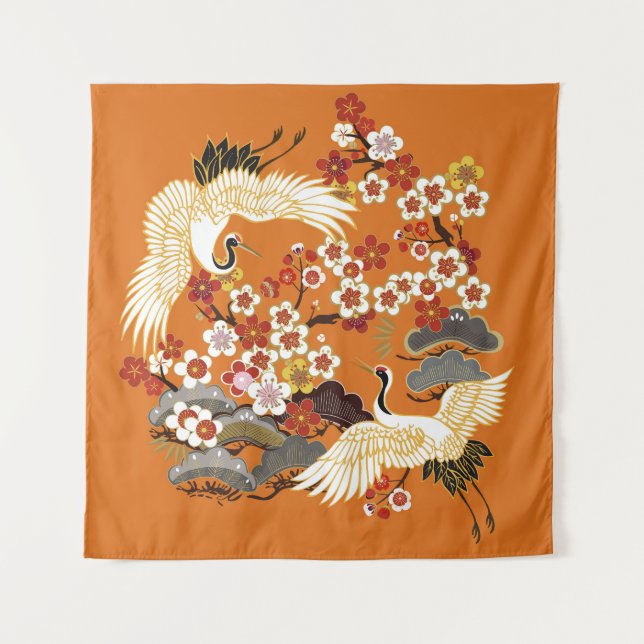 Colourful Floral Cranes Sakura Pattern Tapestry (Front)