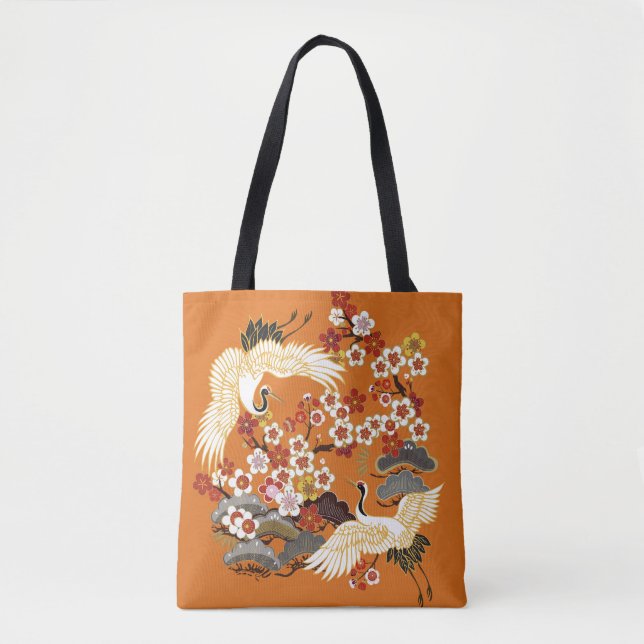 Colourful Floral Cranes Sakura Pattern Tote Bag (Front)