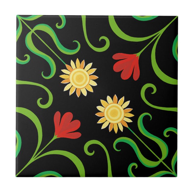Colourful Floral Damask Sunflower Pattern Cute Fol Ceramic Tile (Front)