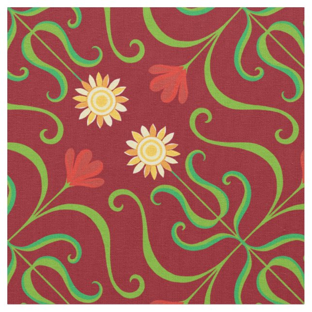 Colourful Floral Damask Sunflower Pattern Cute Fol Fabric (Close Up)