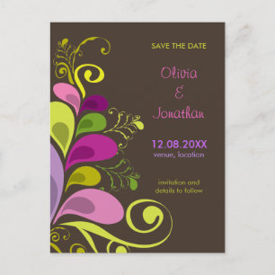 Colourful Floral Deco Leaves Save The Date Postcar Announcement Postcard