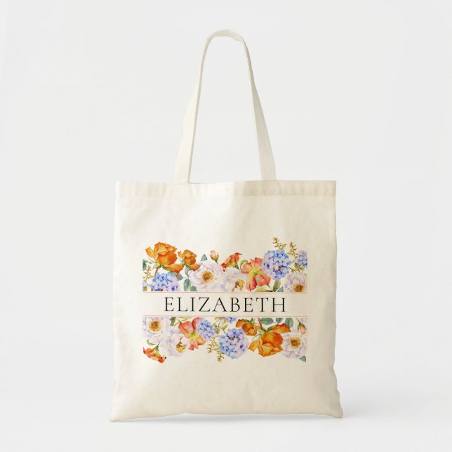 Colourful Floral Design Bridesmaid Custom Name Tote Bag (Front)
