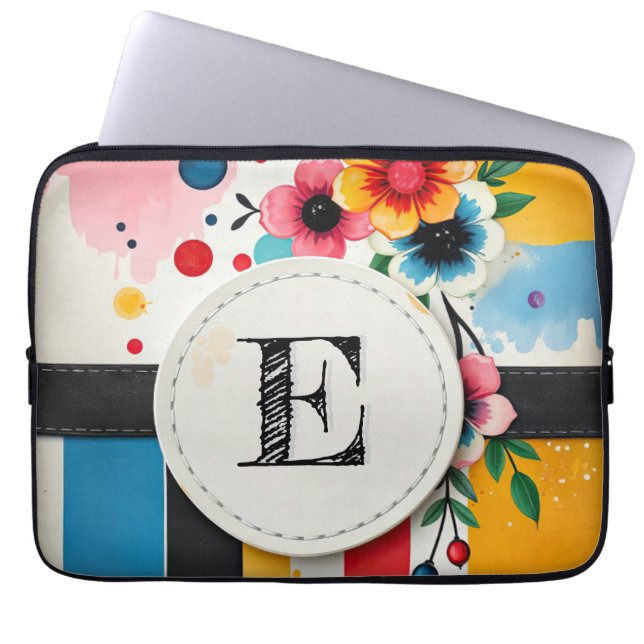 Colourful Floral Design Circle Frame Chic Monogram Laptop Sleeve (Front)