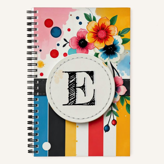Colourful Floral Design Circle Frame Chic Monogram Notebook (Front)