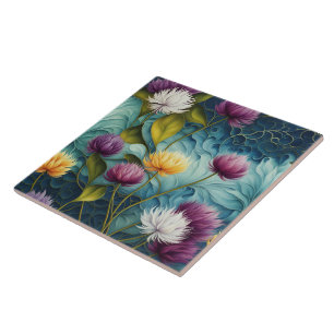 Colourful Floral Design With Vivid Leaves Ceramic Tile