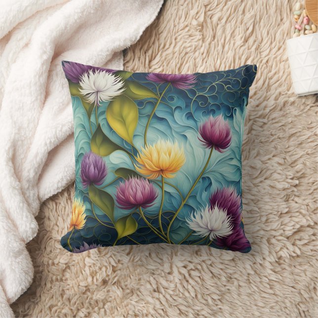 Colourful Floral Design With Vivid Leaves Cushion (Blanket)