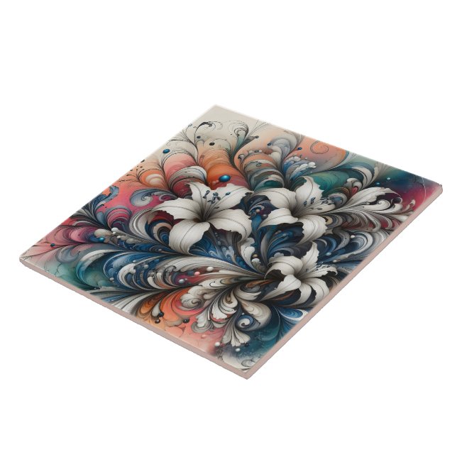 Colourful Floral Design With White Lilies Ceramic Tile (Side)