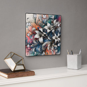 Colourful Floral Design With White Lilies Square Wall Clock