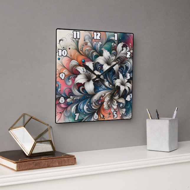 Colourful Floral Design With White Lilies Square Wall Clock (Office)
