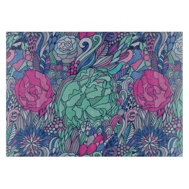 Colourful Floral Doodle Pattern Cutting Board (Front)