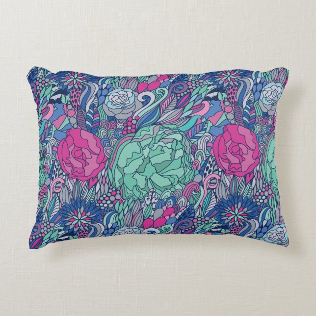 Colourful Floral Doodle Pattern Decorative Cushion (Front)