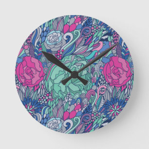 Colourful Floral Doodle Pattern Round Clock