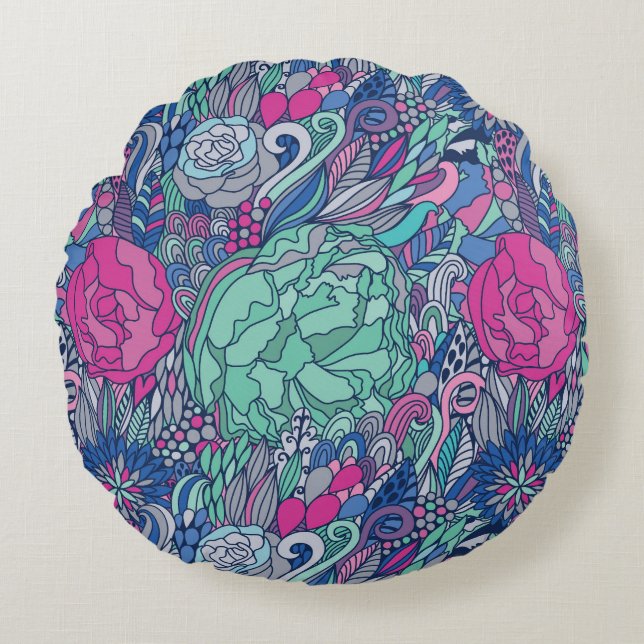 Colourful Floral Doodle Pattern Round Cushion (Front)