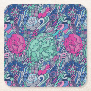 Colourful Floral Doodle Pattern Square Paper Coaster