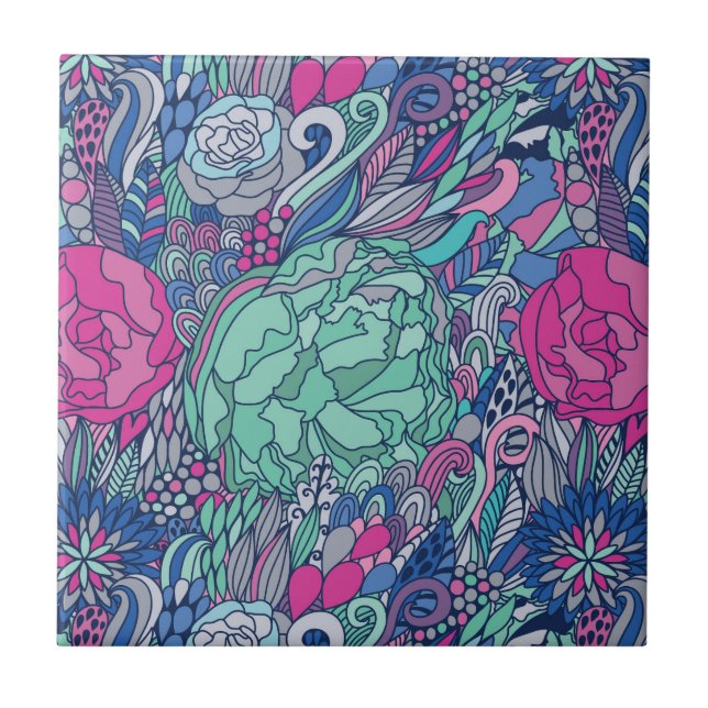 Colourful Floral Doodle Pattern Tile (Front)
