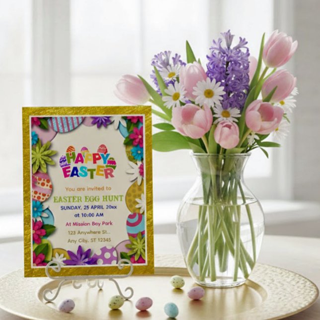 Colourful Floral Easter Egg Hunt 3D paper-cut styl Invitation (Creator Uploaded)