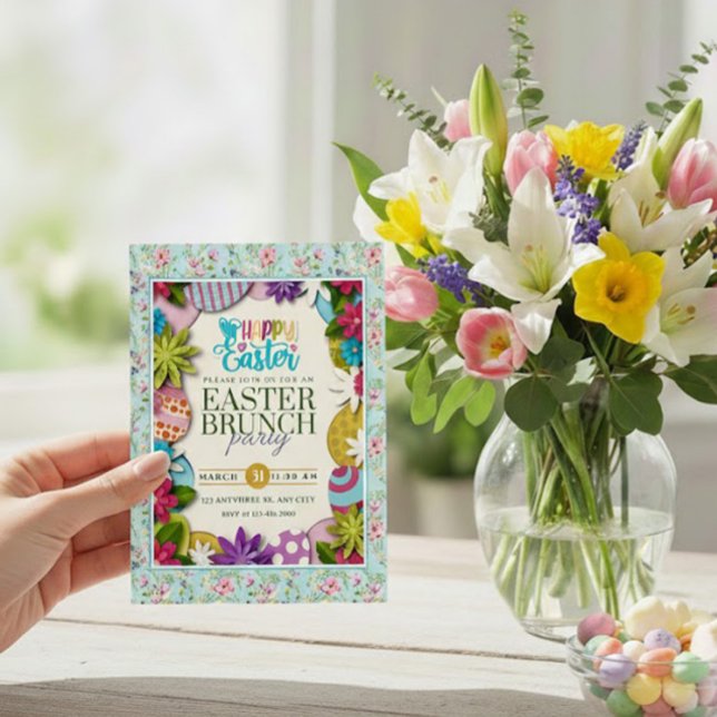Colourful Floral Easter Egg Hunt 3D paper-cut styl Invitation (Creator Uploaded)