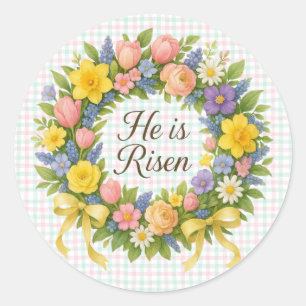 Colourful Floral Easter He is Risen wreath Classic Round Sticker