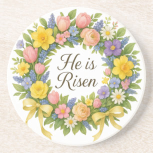 Colourful Floral Easter He is Risen wreath Coaster