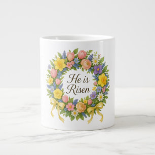 Colourful Floral Easter He is Risen wreath Large Coffee Mug