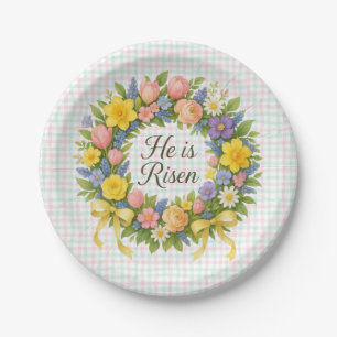 Colourful Floral Easter He is Risen wreath Paper Plate