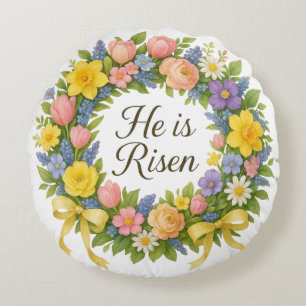 Colourful Floral Easter He is Risen wreath Round Cushion