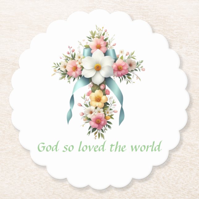 Colourful Floral Easter/Spring Cross Paper Coaster (Front)