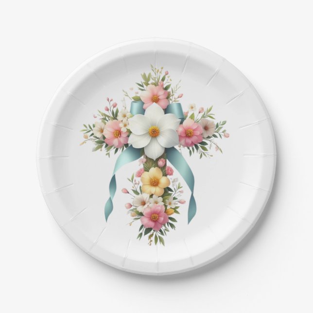 Colourful Floral Easter/Spring Cross Paper Plate (Front)
