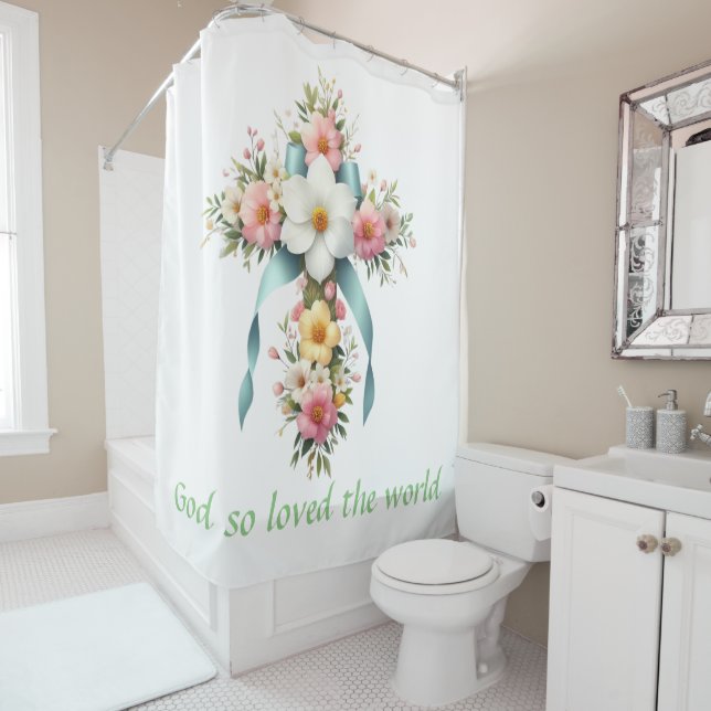 Colourful Floral Easter/Spring Cross Shower Curtain (In Situ)