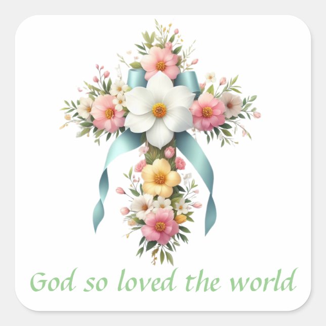 Colourful Floral Easter/Spring Cross Square Sticker (Front)