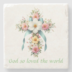 Colourful Floral Easter/Spring Cross Stone Coaster
