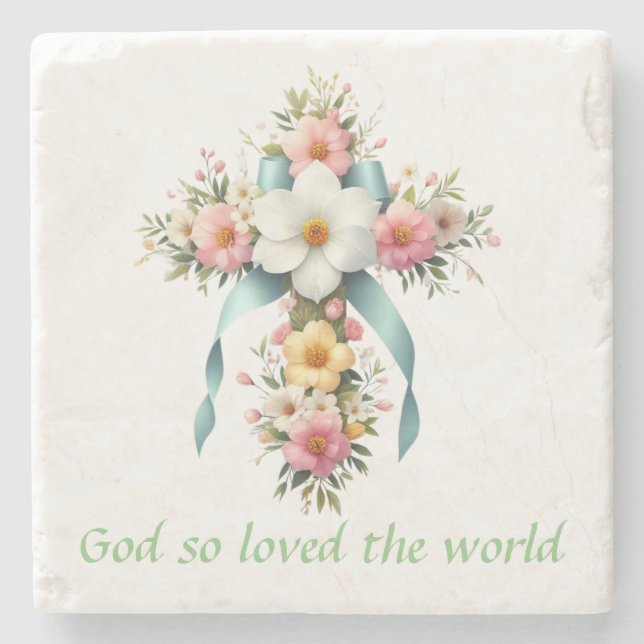 Colourful Floral Easter/Spring Cross Stone Coaster (Front)